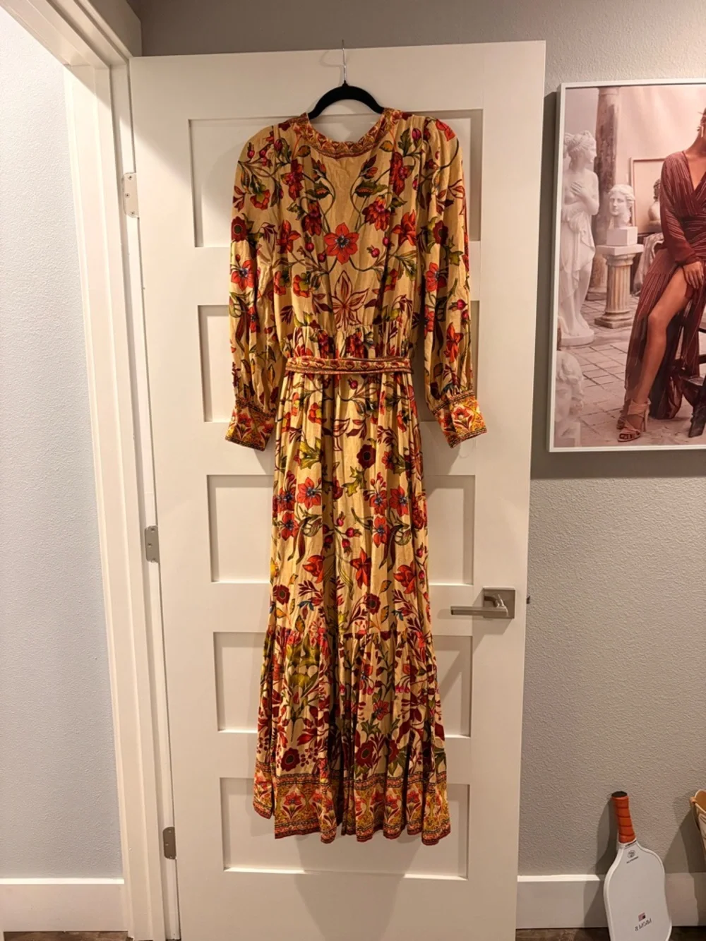 Mustard Floral V-Neck Maxi Dress with Tie Waist - Picture 2 of 3